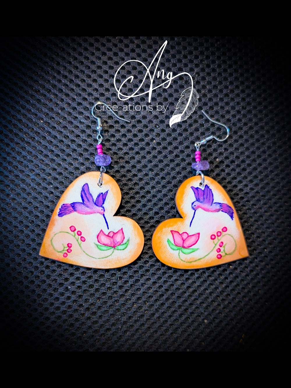 Hand-Painted Heart Hummingbird Earrings With Stone Beads